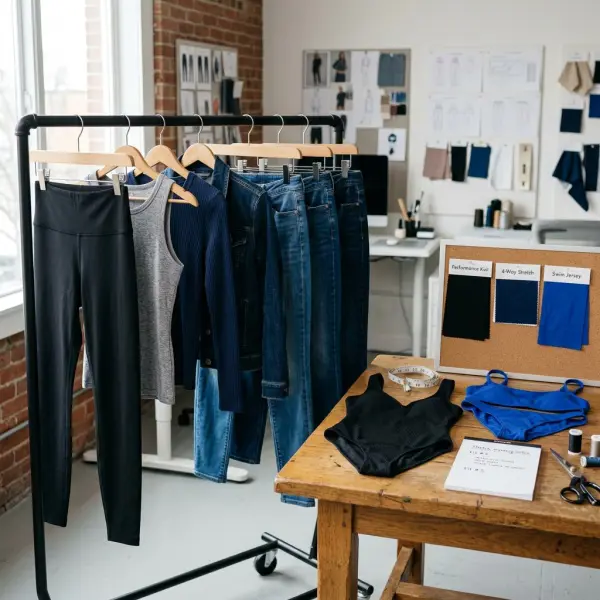 Stretch apparel samples including activewear, denim, swimwear, and fitted basics