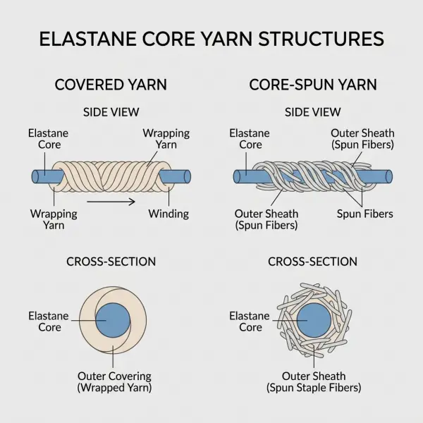 Simple diagram showing elastane core yarn structures used in stretch fabrics