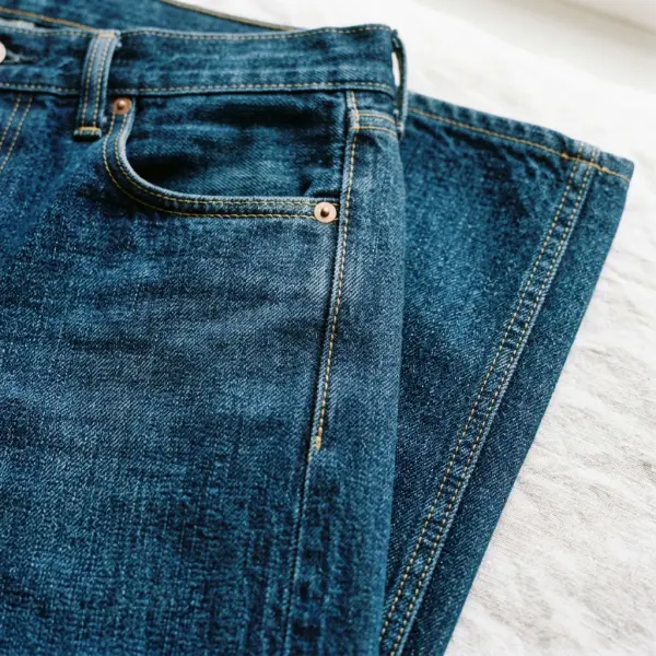 Detail kampuh pipih dengan dua baris jahitan pada celana denim Detail kampuh pipih dengan dua baris jahitan pada celana denim