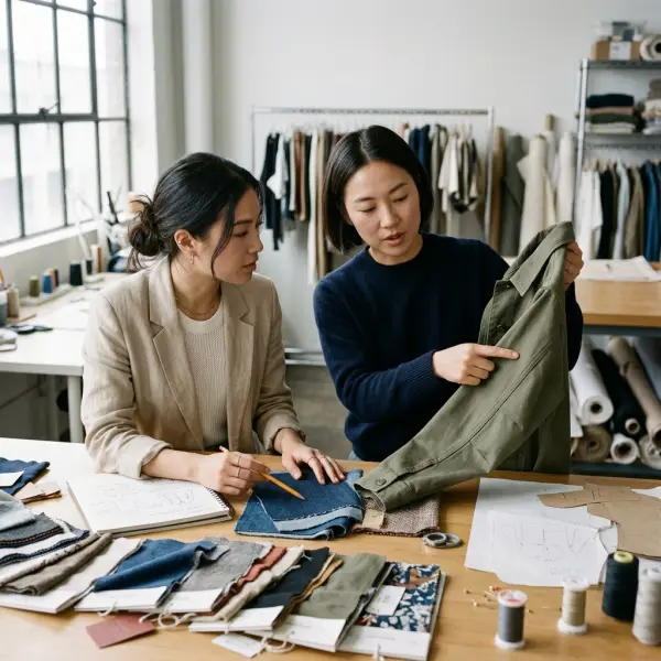 Tim pengembangan produk fashion menentukan jenis kampuh berdasarkan sampel kain dan desain pakaian Tim pengembangan produk fashion menentukan jenis kampuh berdasarkan sampel kain dan desain pakaian