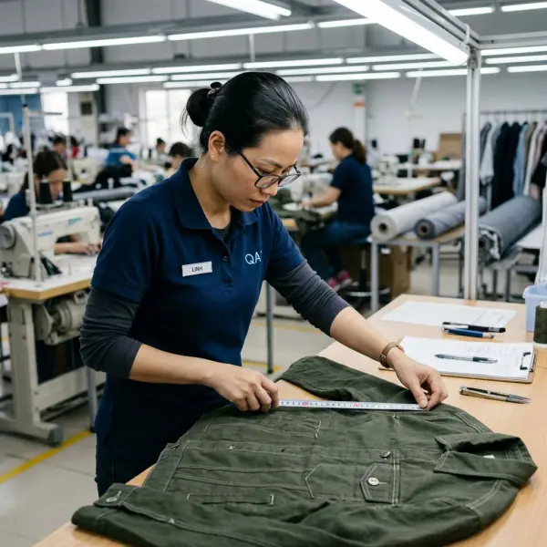 Pemeriksaan detail kampuh pada pakaian sebelum proses quality control selesai