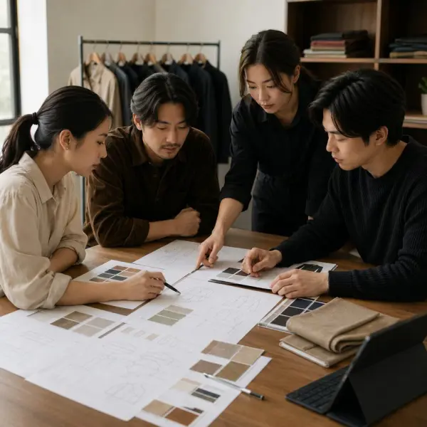 Tim product development membahas spesifikasi kampuh pada tech pack pakaian