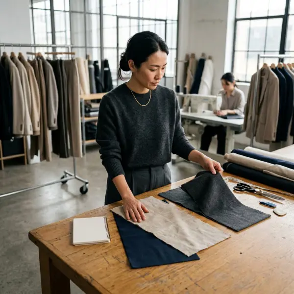 Fashion designer memilih kain jas untuk pengembangan produk