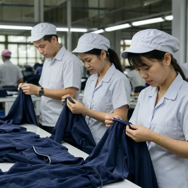 Tim quality control memeriksa kualitas kampuh pada pakaian di pabrik garmen