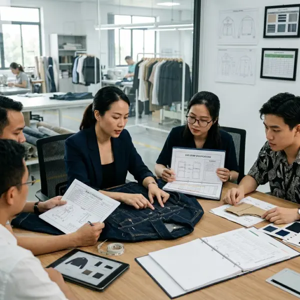 Tim quality assurance memeriksa spesifikasi kampuh pada dokumen produksi pakaian Tim quality assurance memeriksa spesifikasi kampuh pada dokumen produksi pakaian