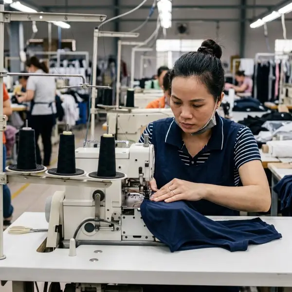 Factory operator sewing stretch fabric garment with controlled seam handling Factory operator sewing stretch fabric garment with controlled seam handling