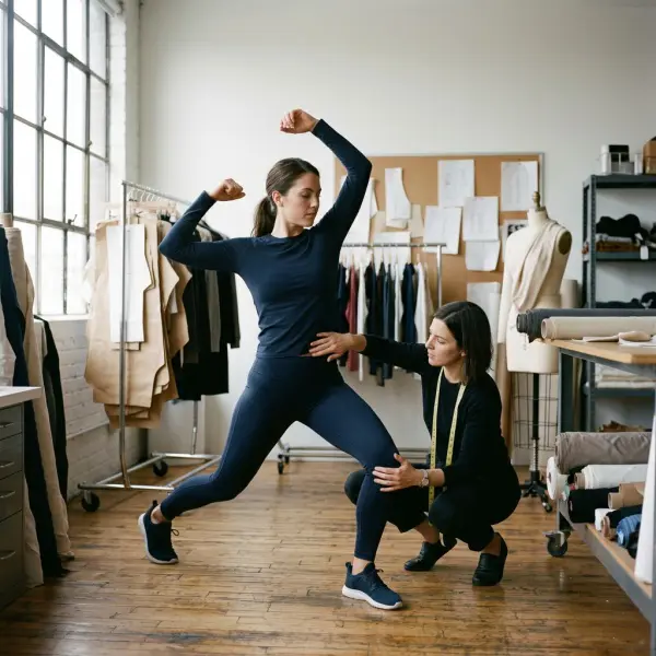 Fit model moving in stretch fabric garment during apparel fitting session Fit model moving in stretch fabric garment during apparel fitting session