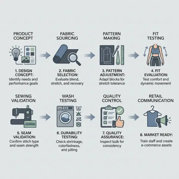 Workflow diagram showing how stretch fabric affects apparel design and production Workflow diagram showing how stretch fabric affects apparel design and production