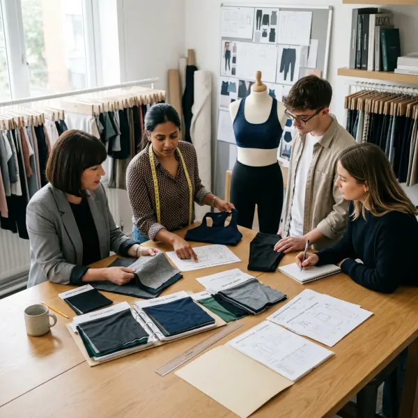 Fashion sourcing team reviewing stretch fabric samples and garment specifications