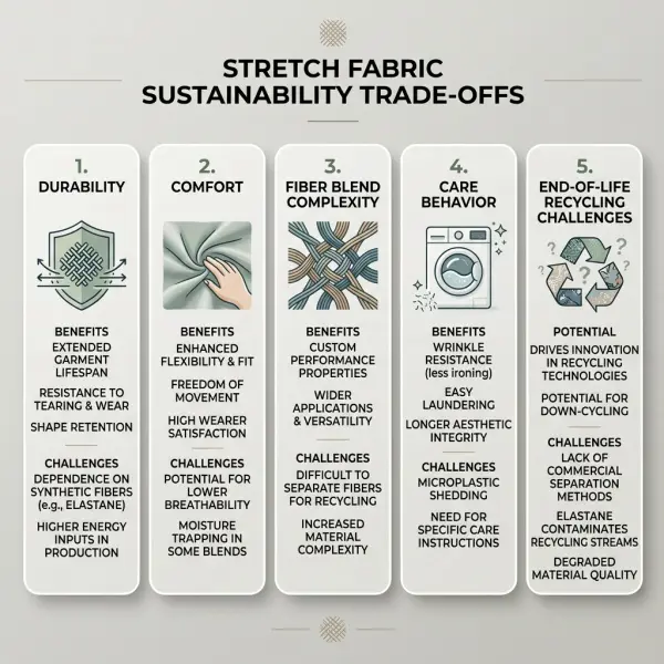 Apparel team reviewing stretch fabric sustainability and durability trade-offs Apparel team reviewing stretch fabric sustainability and durability trade-offs