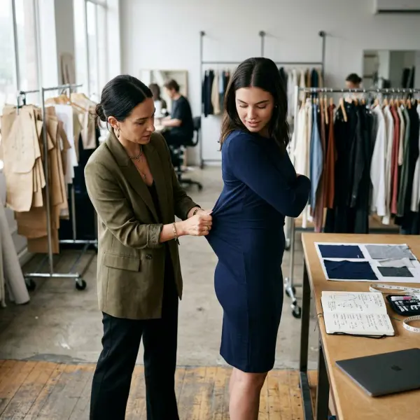 Fashion designer testing stretch fabric movement on apparel samples in a modern studio Fashion designer testing stretch fabric movement on apparel samples in a modern studio