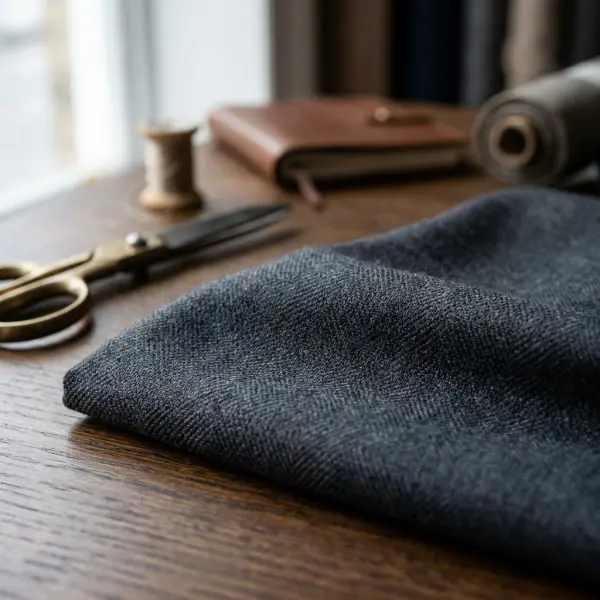Close-up tekstur kain wool premium untuk jas formal