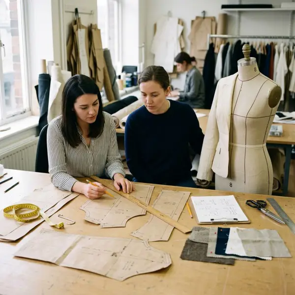 Accurate garment patterns being reviewed for fit and production quality in a fashion studio