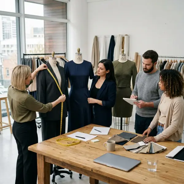 Fashion brand team reviewing garment fit consistency for customer satisfaction