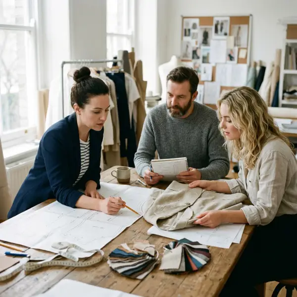 Fashion brand team reviewing garment patterns and product samples before production Fashion brand team reviewing garment patterns and product samples before production