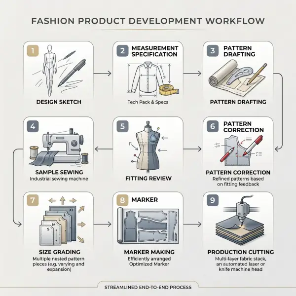 Workflow from fashion design sketch to garment pattern and production sample Workflow from fashion design sketch to garment pattern and production sample
