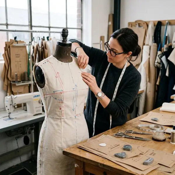 Garment fit issues being diagnosed on a dress form during pattern correction