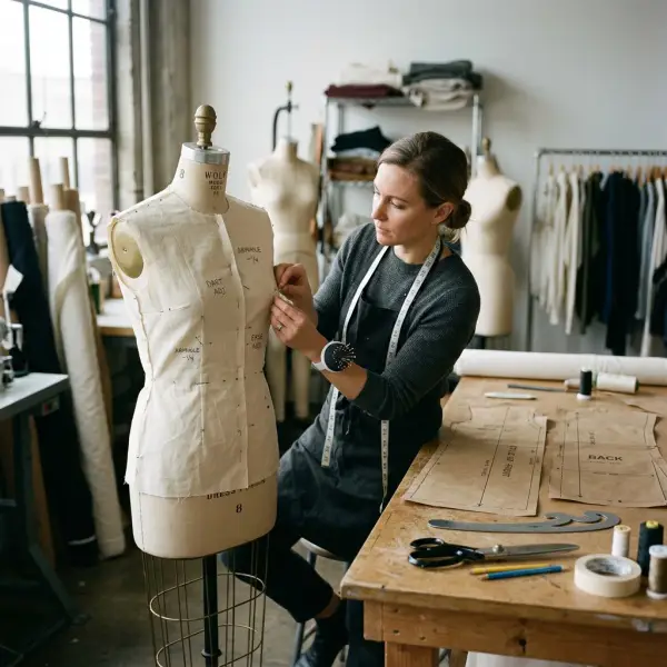Pattern maker checking garment fit on a dress form during sample development Pattern maker checking garment fit on a dress form during sample development