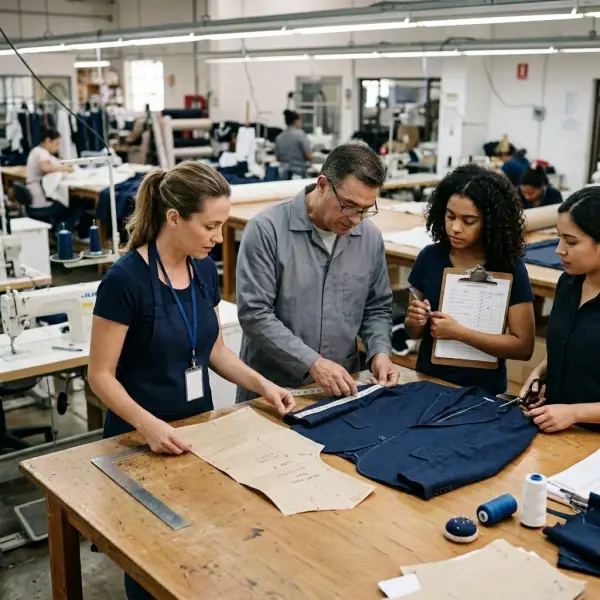 Garment production team checking pattern accuracy and sample quality before bulk sewing