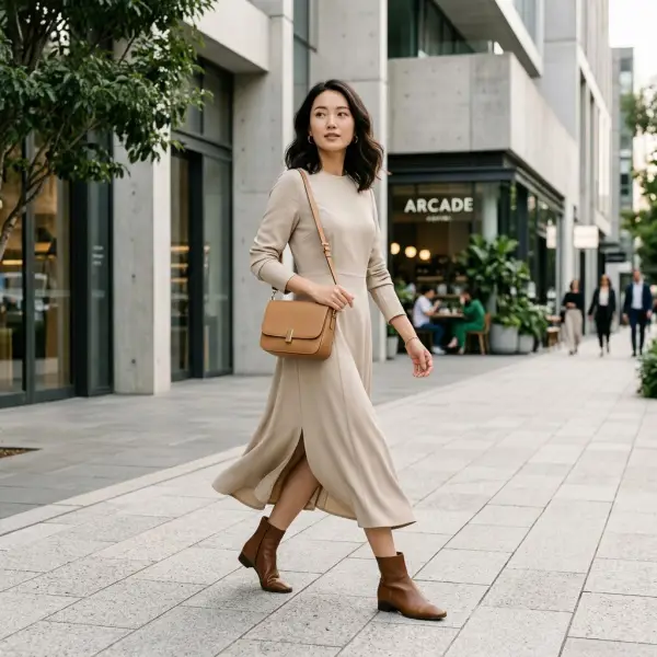 Wanita mengenakan long dress modern dengan gaya elegan di lingkungan urban