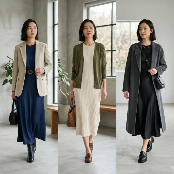 Long dress dipadukan dengan blazer, cardigan, dan outer ringan