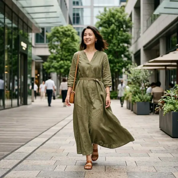 Wanita mengenakan long dress kasual untuk aktivitas sehari-hari di ruang terbuka Wanita mengenakan long dress kasual untuk aktivitas sehari-hari di ruang terbuka