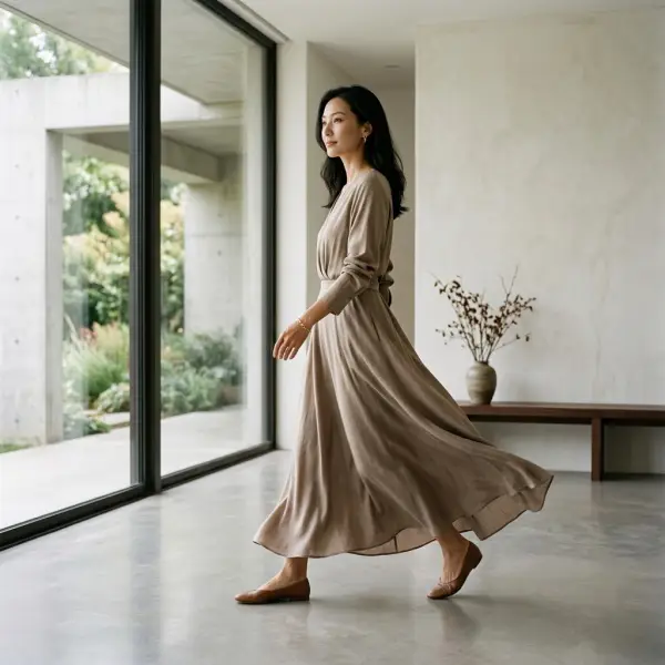 Model mengenakan long dress elegan berwarna netral di ruang bergaya modern Model mengenakan long dress elegan berwarna netral di ruang bergaya modern