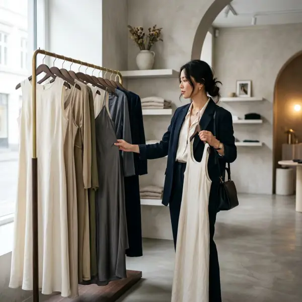 Wanita membandingkan beberapa model long dress di butik modern