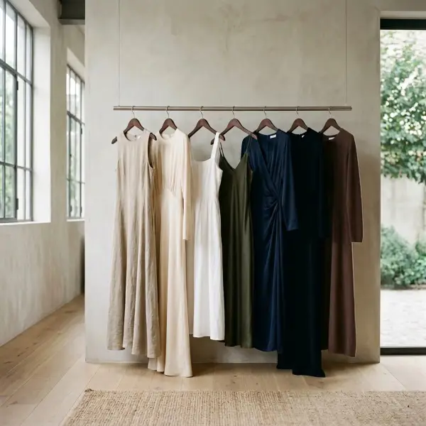 Koleksi long dress dengan palet warna netral dan modern