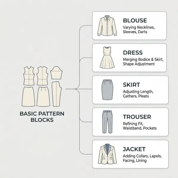 Workflow showing how a basic pattern block becomes different fashion garment styles