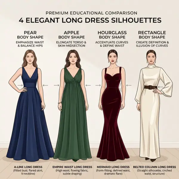 Perbandingan beberapa siluet long dress untuk berbagai bentuk tubuh
