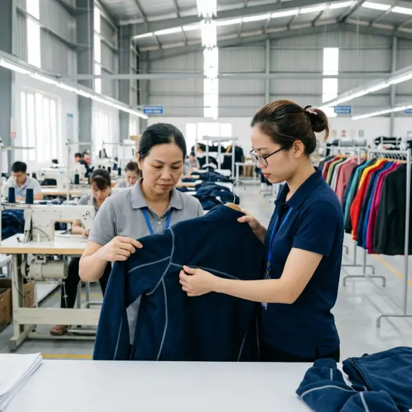 Pemeriksaan kualitas pakaian berbahan polyester di pabrik garmen Pemeriksaan kualitas pakaian berbahan polyester di pabrik garmen