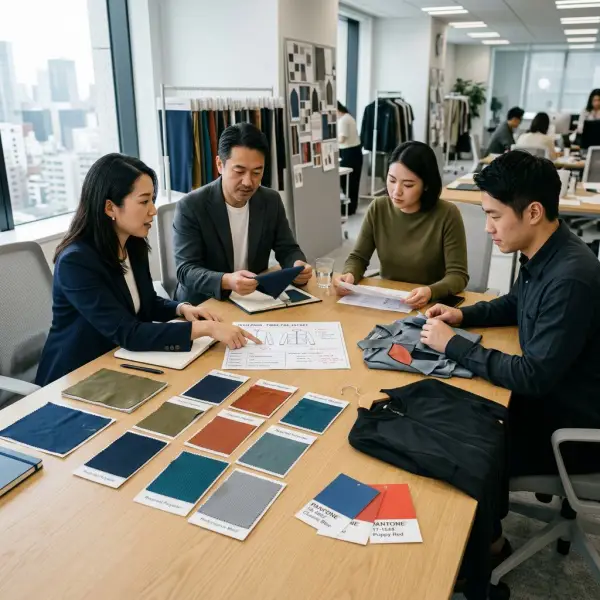 Tim pengembangan produk fashion mendiskusikan pemilihan kain polyester untuk koleksi baru Tim pengembangan produk fashion mendiskusikan pemilihan kain polyester untuk koleksi baru