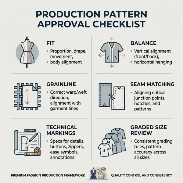 Production pattern approval checklist for garment fit and quality control