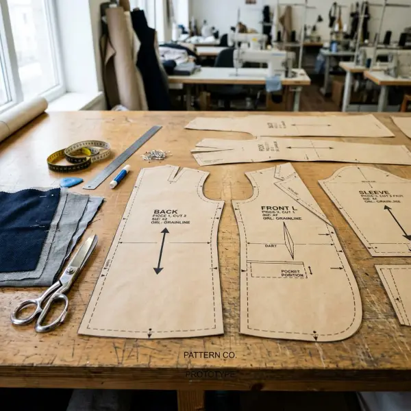 Production-ready garment pattern pieces with technical markings for apparel manufacturing Production-ready garment pattern pieces with technical markings for apparel manufacturing