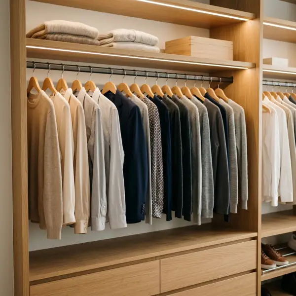 Pakaian polyester disimpan rapi menggunakan hanger di lemari pakaian