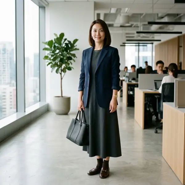 Long dress dipadukan dengan blazer untuk tampilan profesional