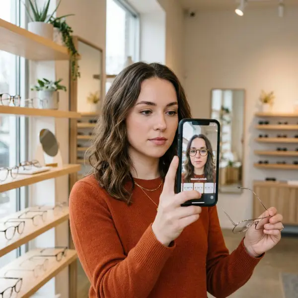 shopper previewing eyewear with AR virtual try-on in a fashion retail setting shopper previewing eyewear with AR virtual try-on in a fashion retail setting