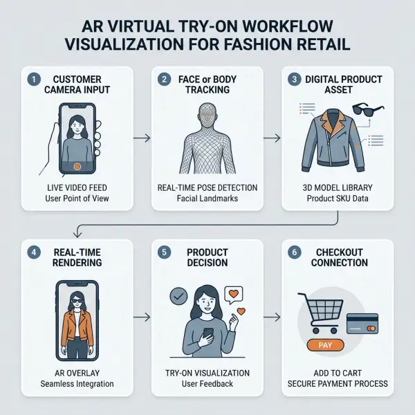 workflow diagram showing how AR virtual try-on works in fashion retail workflow diagram showing how AR virtual try-on works in fashion retail