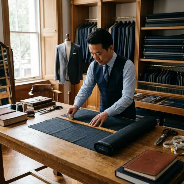 Penjahit bespoke sedang memilih kain jas premium Scabal di atelier tailoring