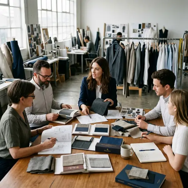 Tim pengembangan produk fashion mendiskusikan pemilihan material jas premium