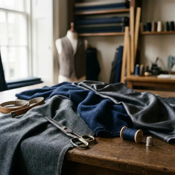Detail kain wool premium dengan berbagai karakter serat alami pada koleksi Scabal