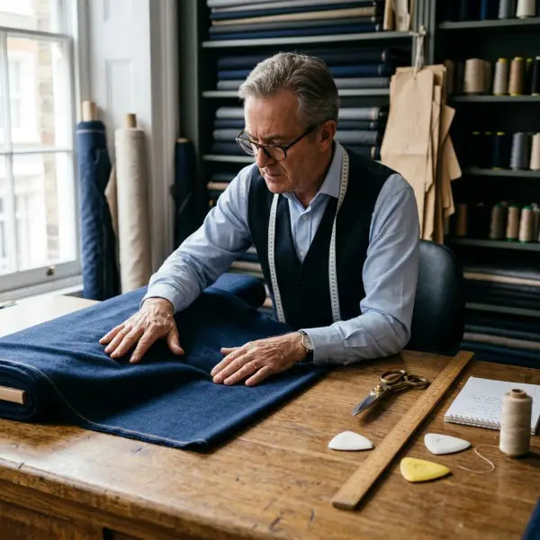 Tailor memeriksa detail tekstur kain jas Scabal sebelum proses pemotongan Tailor memeriksa detail tekstur kain jas Scabal sebelum proses pemotongan
