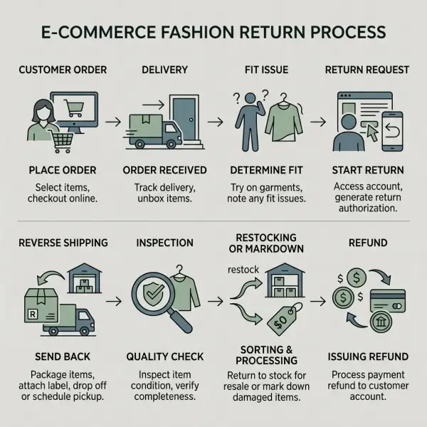 workflow diagram showing online fashion return process and cost points