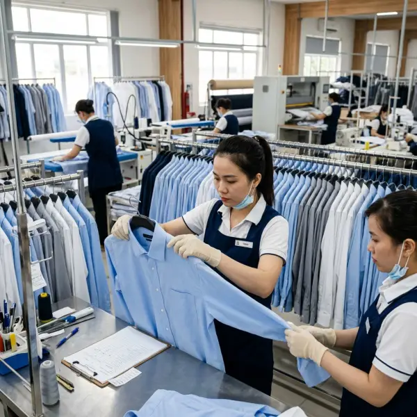 Pemeriksaan kualitas pakaian setelah proses penyetrikaan di workshop fashion