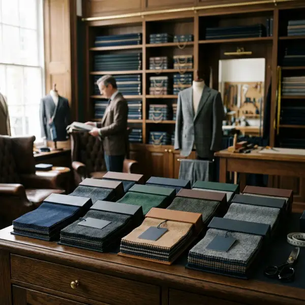 Koleksi kain jas premium Scabal di showroom tailoring mewah