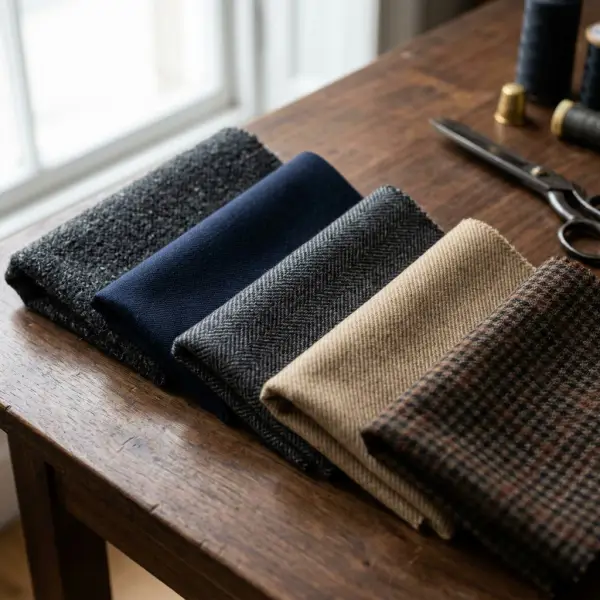 Detail tekstur beberapa jenis kain jas Scabal dengan konstruksi tenunan berbeda Detail tekstur beberapa jenis kain jas Scabal dengan konstruksi tenunan berbeda