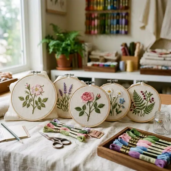 Berbagai motif bordir floral menggunakan tusuk tangkai sebagai pembentuk batang dan outline