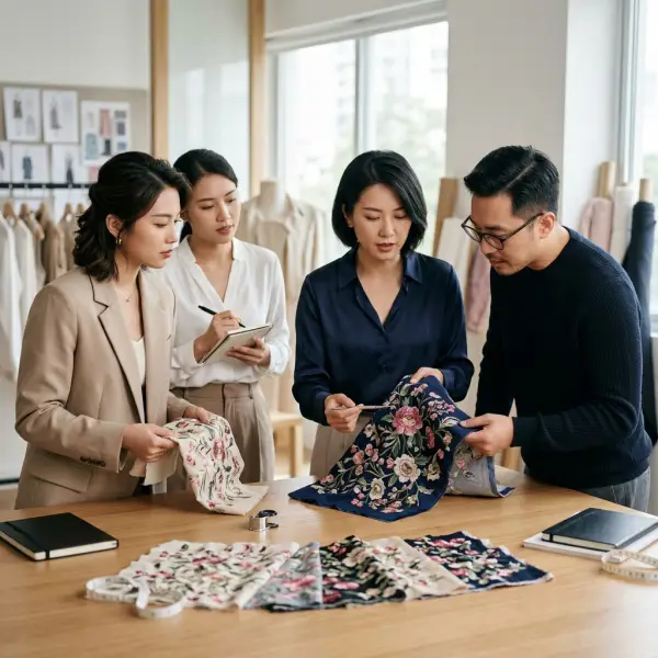 Tim desain fashion mengevaluasi sampel bordir sebelum produksi Tim desain fashion mengevaluasi sampel bordir sebelum produksi