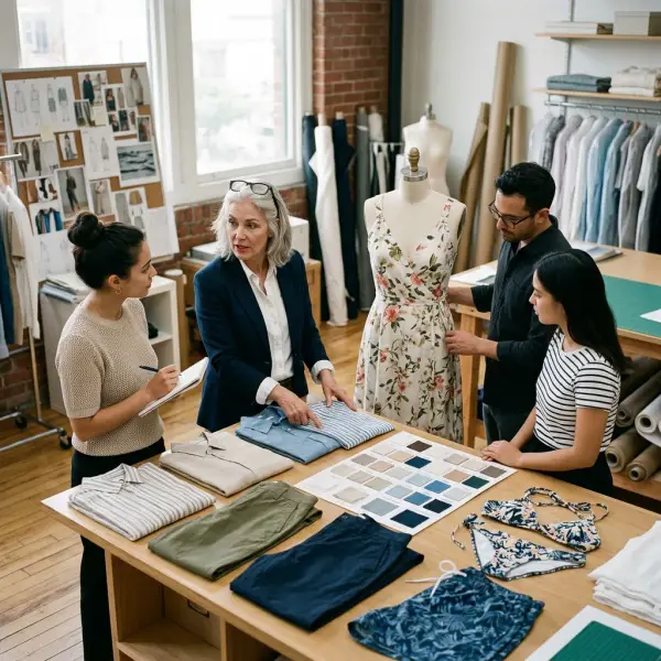Fashion design team developing a coordinated travel and leisure collection